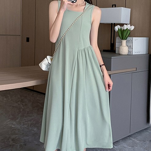 페이퍼먼츠 원사이드 옆 사선 주름 스퀘어넥 민소매 원피스 05627