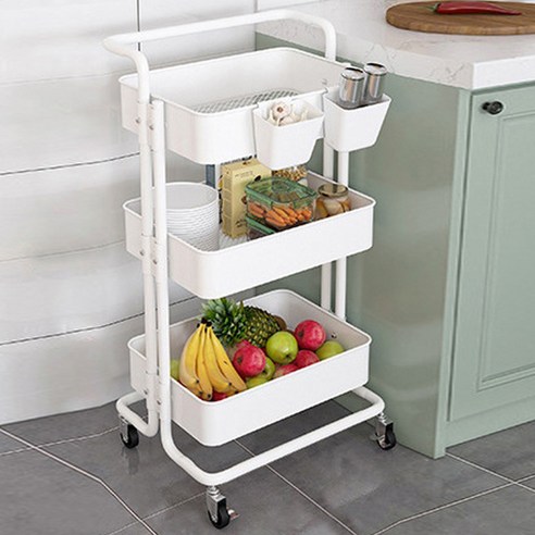 마벨인홈 고급형 이동식 메탈 수납 선반 트롤리 3단, 화이트