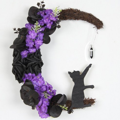 달 고양이 화환 문 벽장식 리스 스웨그, 퍼플 블랙 장미 보석