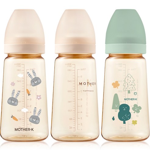 마더케이 유아용 베이직 PPSU 젖병 무꼭지 트리플 세트, 토끼크림, 포레스트민트, 베이직크림, 280ml, 1세트