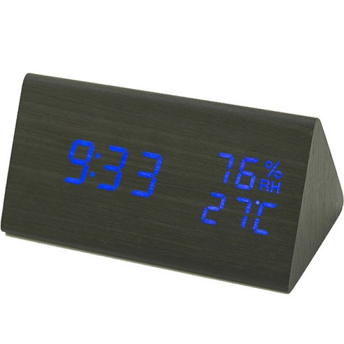 삼각형 나무 LED 전자 알람 시계, 블랙우드블루레터링