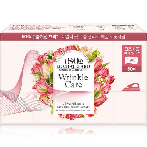 르샤트라1802 링클케어 건조기용 드라이 시트 섬유유연제 스웨이드 앤 튤립 향 본품, 1개, 60매