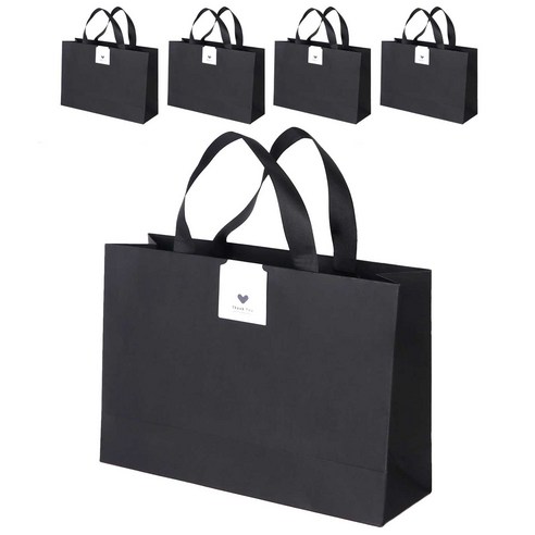인디케이 리본 쇼핑백 중 5p + 마감 스티커 5p 세트, 블랙, 1세트