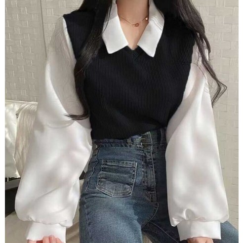 피어니스트 니트조끼 레이어드 블라우스는 캐주얼한 여성용 단색 블라우스입니다.