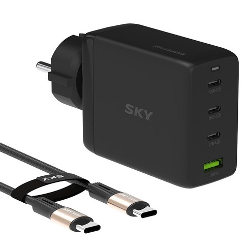 SKY 필 GaN 100W 접지형 멀티 4포트 PD3.0 PPS QC4+ A타입 / C타입 유선 초고속 충전기 + 100W C타입 to C타입 충전 케이블 1.2m 세트, 어반블랙, 1개