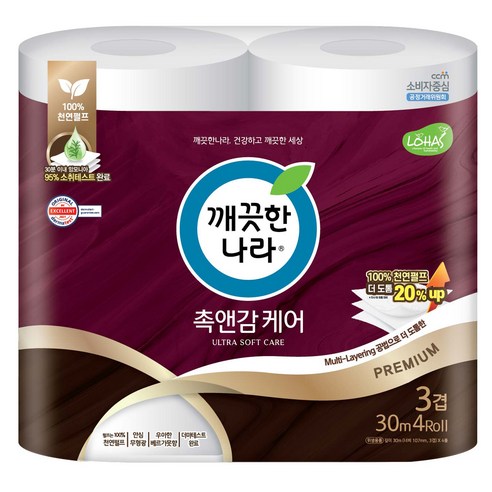 깨끗한나라 3겹 촉앤감케어 화장지 30m, 4롤, 1팩