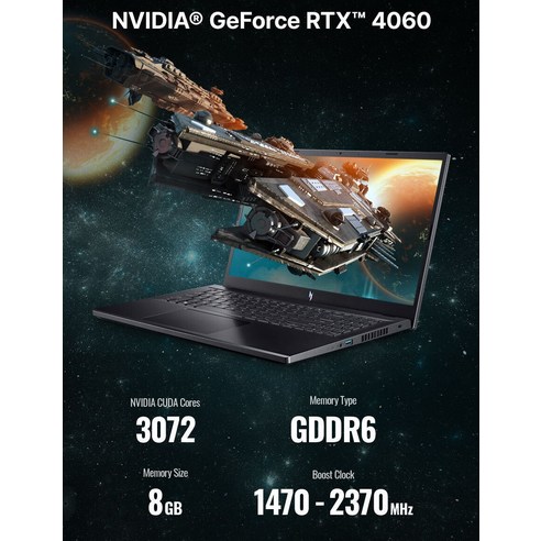 에이서 2024 니트로 V 15 코어i7 인텔 13세대 지포스 RTX 4060, 블랙, 512GB, 16GB, Free DOS, ANV15-51-74ZL