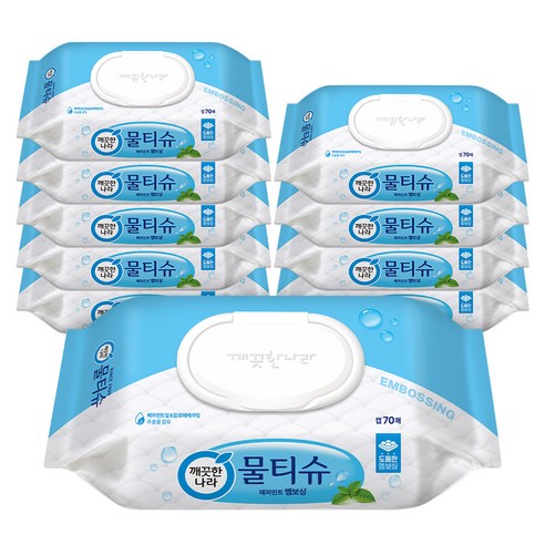 깨끗한나라 페퍼민트 엠보싱 물티슈 캡형, 50g, 70매, 10개