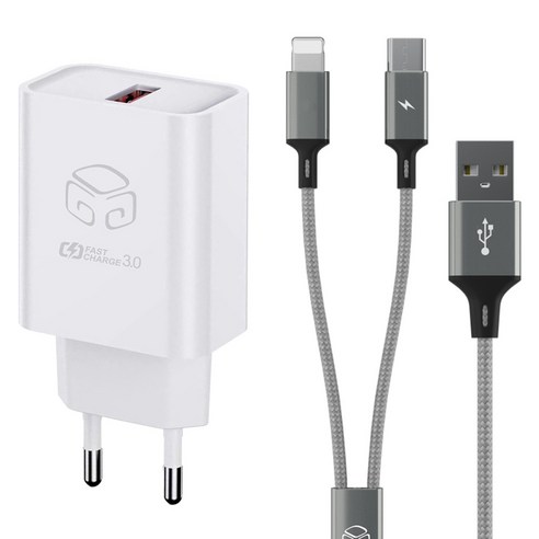 디지지 18w USB 고속충전기 + 2 in 1 C타입 8핀 2라인 고속충전 멀티케이블 70cm 세트, 화이트(충전기), 메탈실버(케이블), 1세트