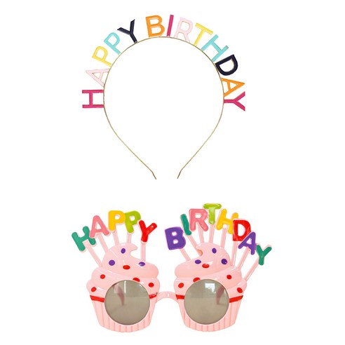 조이파티 메탈릭 생일머리띠 + 마카롱컵케익 생일안경 세트, 레인보우(머리띠), 핑크(안경), 1세트