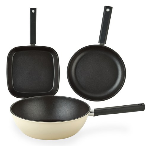 퀸센스 샌드 후라이팬 3종 세트, 베이지, 사각팬 27cm + 후라이팬 24cm + 궁중팬 28cm, 1세트