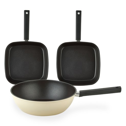 퀸센스 샌드 후라이팬 3종 세트, 베이지, 사각팬 27cm x 2p + 궁중팬 24cm, 1세트