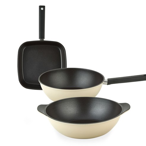 퀸센스 샌드 후라이팬 3종 세트, 베이지, 사각팬 27cm + 궁중팬 28cm + 파티웍 28cm, 1세트