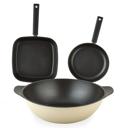 퀸센스 샌드 후라이팬 세트 3개, 베이지, 사각팬 27cm + 후라이팬 24cm + 파티웍 28cm, 1세트