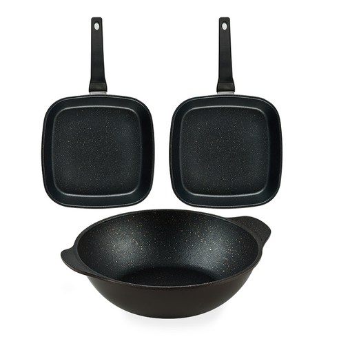 퀸센스 디너 후라이팬 3종 세트, 브라운, 사각팬 27cm x 2p + 파티웍 28cm, 1세트
