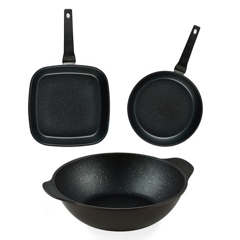퀸센스 디너 후라이팬 3종 세트, 브라운, 사각팬 27cm + 후라이팬 24cm + 파티웍 28cm, 1세트