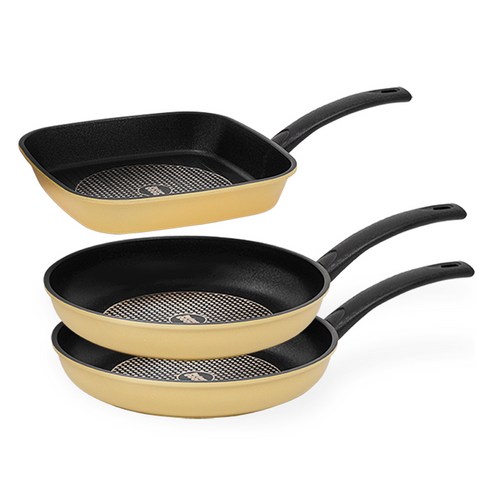 인터쿡 다이아 3종 세트, 옐로우, 사각팬 27cm + 후라이팬 28cm 2p, 3개
