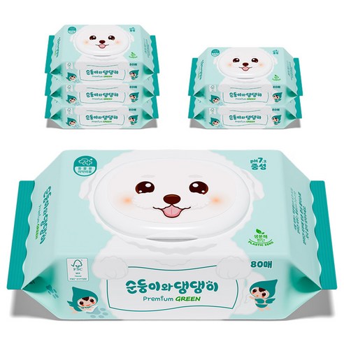 순둥이 반려동물 순둥이와 댕댕이 프리미엄 그린 중성 물티슈, 6팩, 80개입