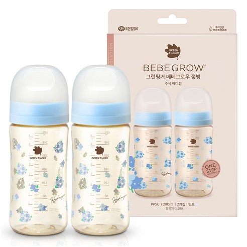그린핑거 베베그로우 PPSU 노꼭지 디자인 젖병 트윈팩 2p 세트 수국, 수국 민트, 280ml, 2개 수국, 280ml,1세트 섬네일