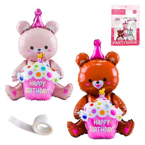 파티쇼 생일파티 곰돌이 은박 풍선 컵케익 2p + 글루닷 접착 스티커 세트, 핑크(곰돌이 은박 풍선), 브라운(곰돌이 은박 풍선), 1세트