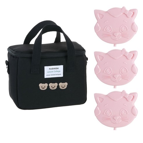 플라라 곰돌이 쿨러백 + 고양이 아이스팩 3p 세트, 블랙(쿨러백 ), 핑크(아이스팩)