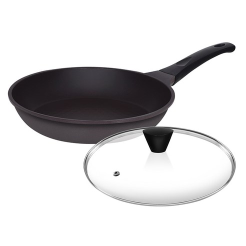 오퇴르 시어터 주물 프라이팬 세트 2개, 다크브라운, 1세트, 프라이팬 26cm + 유리뚜껑 26cm