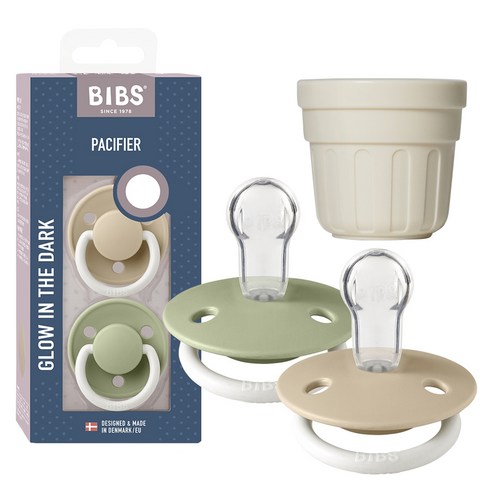 BIBS 디럭스 실리콘 쪽쪽이 2p + 전용캡 세트, ONE SIZE(36개월 미만), 2 바닐라 야광 & 세이지 야광, 1세트
