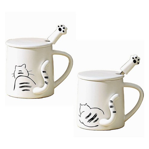 모던지 꼬리치는 냥이컵 + 뚜껑 + 숟가락 세트 직경 8cm x 높이 9cm YJ748, B, D, 2세트