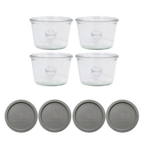 WECK 유리병 370ml 4p + PE 실리콘 뚜껑 그린 레이 4p 세트, 1세트