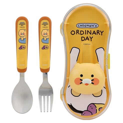릴팡 아동용 춘식이 더블 컬러 입체 큐티 스푼 + 포크 + 케이스 세트, 혼합색상, 1세트