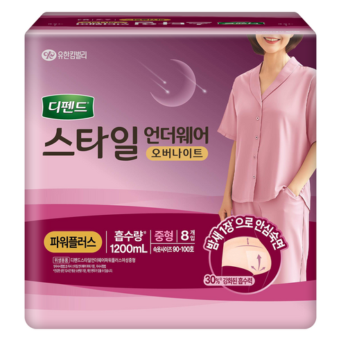 디펜드 여성용 스타일 언더웨어 오버나이트 성인기저귀, 중형, 8개입, 1개