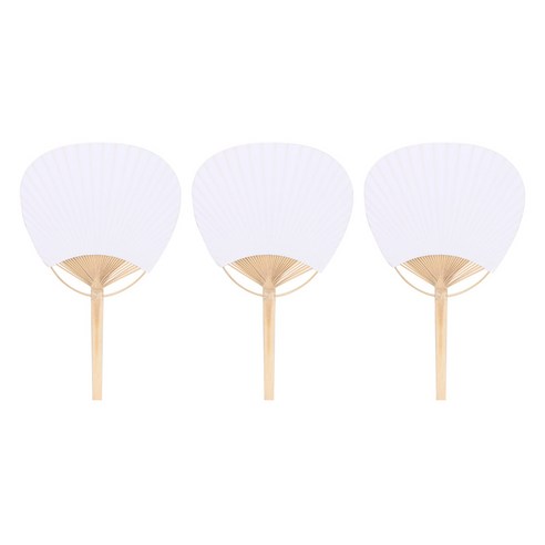 대나무 손잡이 부채, 흰색 + 베이지, 3개