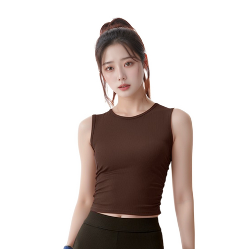 마켓피아 여성용 요가 필라테스 헬스 심플 라운드넥 민소매 크롭 나시