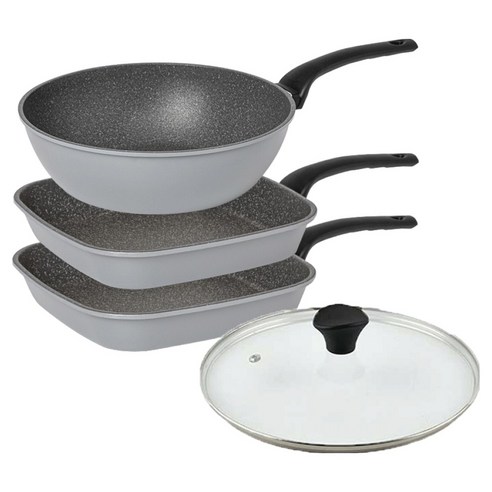 인터쿡 퀸센스 인터 후라이팬 3종 + 유리뚜껑 세트, 그레이, 1세트, 사각팬 27cm 2p + 궁중팬 28cm + 유리뚜껑 28cm