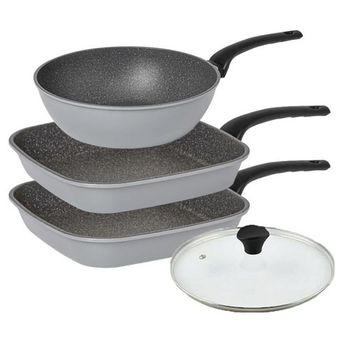 인터쿡 퀸센스 인터 후라이팬 3종 + 유리뚜껑 세트, 그레이, 1세트, 사각팬 27cm 2p + 궁중팬 24cm + 유리뚜껑 24cm