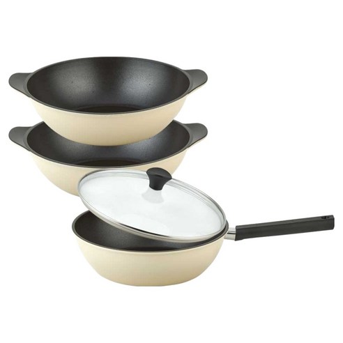 퀸센스 샌드 후라이팬 3종 + 유리뚜껑 세트, 베이지, 1세트, 궁중팬 28cm + 파티웍 28cm + 파티웍 28cm + 유리뚜껑 28cm