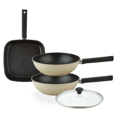 퀸센스 샌드 후라이팬 3종 + 유리뚜껑 세트, 베이지, 1세트, 사각팬 27cm + 궁중팬 24cm + 궁중팬 24cm + 유리뚜껑 24cm
