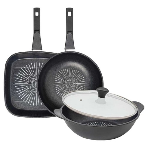 인터쿡 클래식 후라이팬 세트 4개, 블랙, 1세트, 사각팬 27cm + 궁중팬 28cm + 파티웍 28cm + 유리뚜껑
