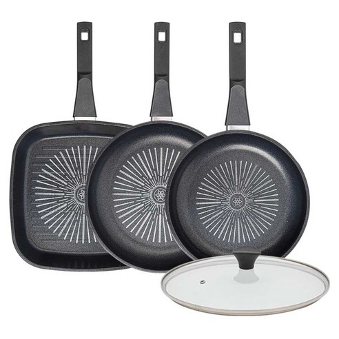 인터쿡 클래식 후라이팬 세트 4개, 블랙, 1세트, 27cm 사각팬 + 28cm 후라이팬 + 24cm 후라이팬 + 유리뚜껑