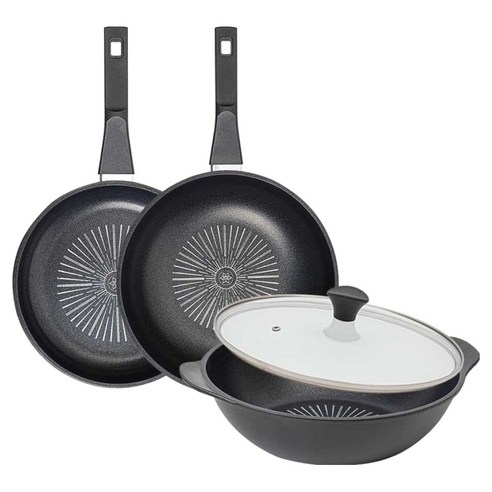 인터쿡 클래식 후라이팬 세트 4개, 블랙, 1세트, 후라이팬 24cm + 궁중팬 28cm + 파티웍 28cm + 유리뚜껑