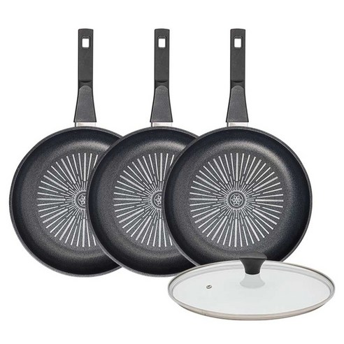 인터쿡 클래식 후라이팬 세트 4개, 블랙, 1세트, 28cm 후라이팬 + 28cm 후라이팬 + 28cm 후라이팬 + 유리뚜껑