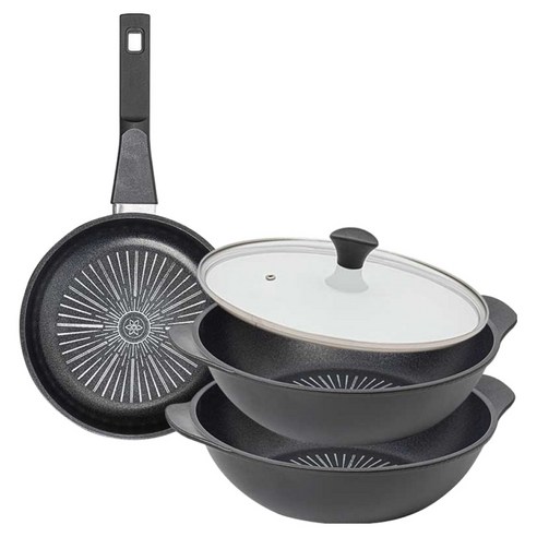 인터쿡 클래식 후라이팬 세트 4개, 블랙, 1세트, 후라이팬 20cm + 파티웍 28cm + 파티웍 28cm + 유리뚜껑
