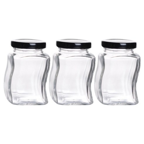 다용도 물결 블랙캡 유리병, 3개, 190ml