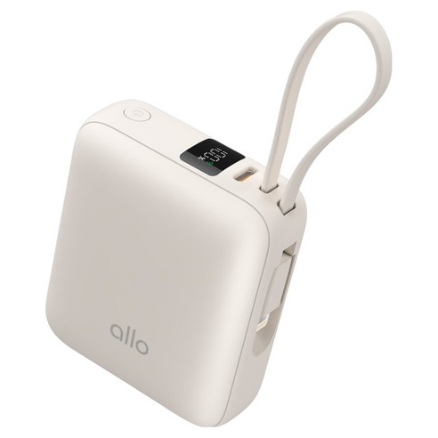 알로코리아 포켓 미니 2in1 고속충전 케이블 일체형 10000mAh 보조배터리 C타입 8핀 1008PD, 크림 아이보리, 알로1008PD