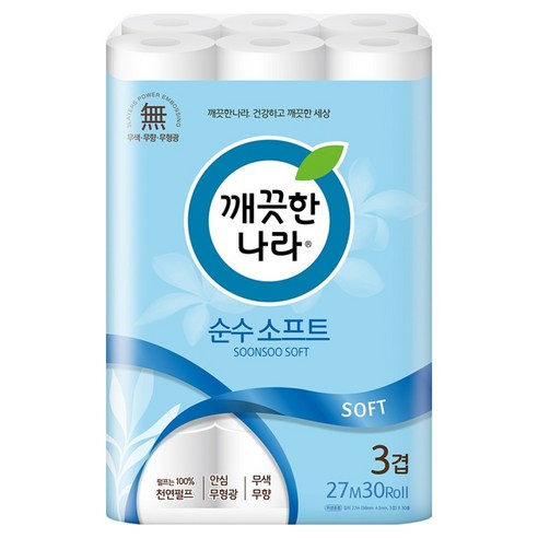 깨끗한나라 순수 소프트 3겹 화장지, 27m, 30롤, 1개