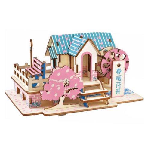 DIY 3D 마을시리즈 입체 우드 퍼즐 봄꽃피는, 혼합색상, 86피스, 1개