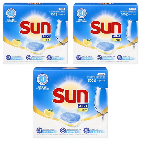 유니레버 썬 식기세척기용 타블렛 세제 레몬 50개입, 500g, 3개