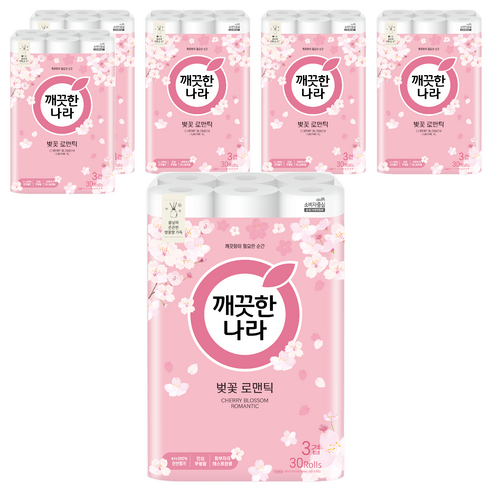 깨끗한나라 3겹 벚꽃 로맨틱 천연펄프 화장지 27m, 30롤, 6개