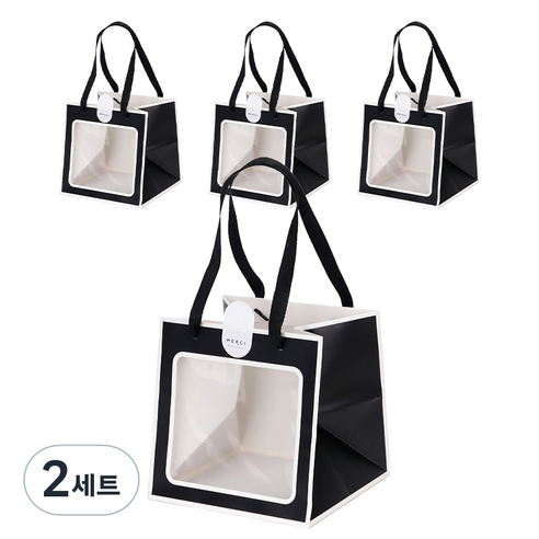 인디케이 투명창 선물쇼핑백 중 4p + 스티커 4p 세트, 블랙, 2세트