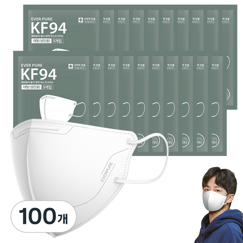 리벤스 에버퓨어 새부리형 황사방역마스크 대형 KF94, 화이트, 100개, 5개입
